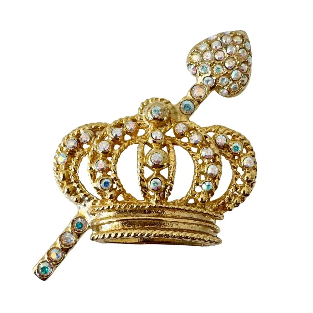 Vintage Gold Sparkly‎ Aurora Borealis Crown Pin Brooch, Princess, Queen, Sparkly